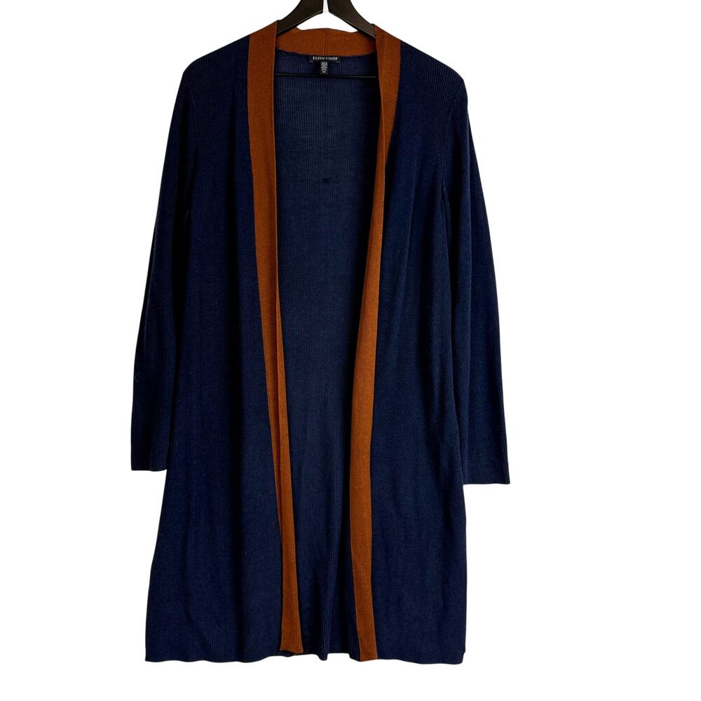 Eileen Fisher Tencel Silk Blend Long Open Cardigan Navy Blue Brown Trim - S